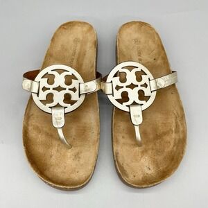 Tory Burch Women 10M Miller Cloud Sandals Gold Leather Cork Thong Flip Flop Logo